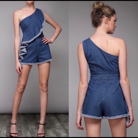 One Shoulder Denim Romper - Picture 4 of 5